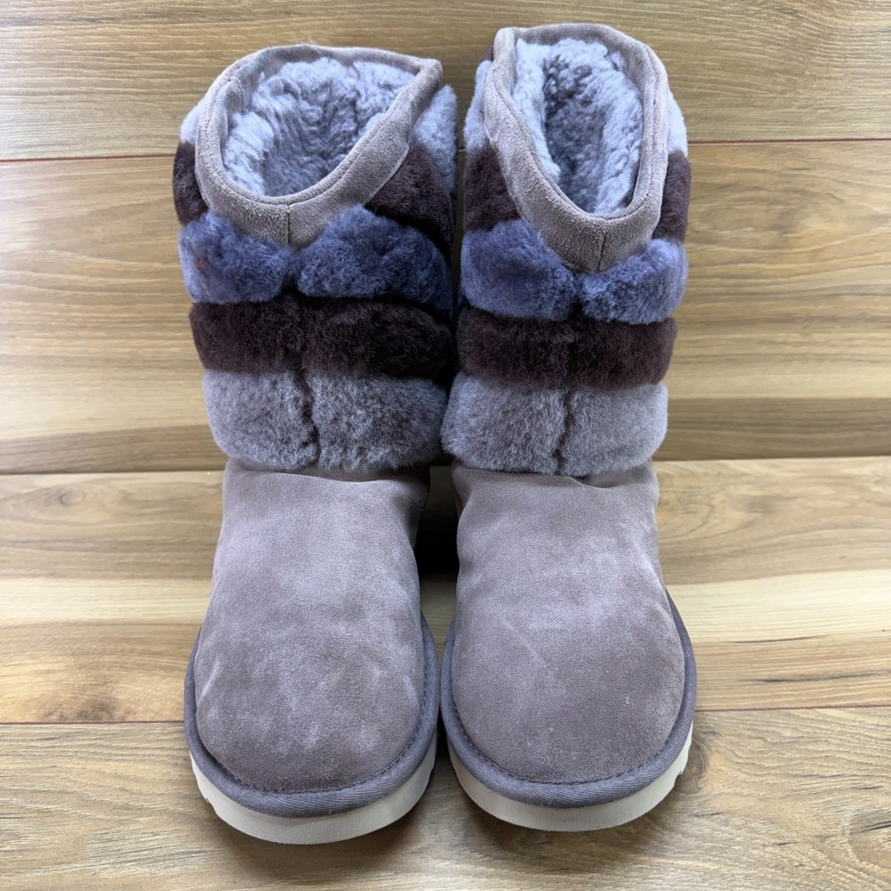 UGG Tania Chevron Stormy Gray Boots Womens 9 Suede Sherpa Fur Mid Calf Cozy - Picture 5 of 12